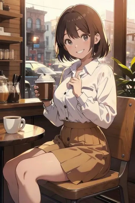 1girl, sitting in a coffee shop, big smile, coffee cup in hand, skirt, button up shirt