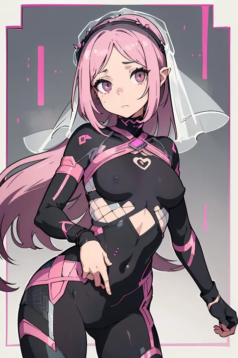 (masterpiece, best quality), female elderly, balanced, european, gray eyes,      uneven forehead,     , pink
 long bob hair, disappointment
 wearing  bodysuit,  wrap-around top,  veil, 
, hands on the stomach, suggesting nervousness or discomfort