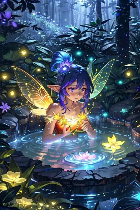 Masterpiece, best quality, very detailed CG unified 8k, best quality, best shadow,  glowing vampire red-black-yellow woman fairy elf with a glowing goddess woman red-lime-green fairy elf, drinking water in the pool, natural elements in forest theme. Myster...