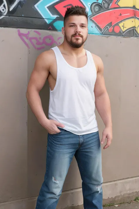 photo of sc_brodie <lora:sc_brodie-04:1> with facial hair, standing in front of a gritty urban graffitied wall BREAK wearing a stringer tank top <lora:Stringer_v5:0.7>, extreme low-cut dropped side holes side pecs and distressed jeans BREAK natural lightin...