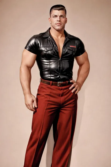 a man in a leather shirt and red pants posing for a picture