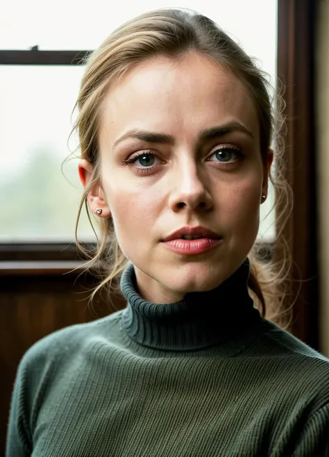 A stunning intricate color close up portrait of (amandaschull-ti:1) , wearing Turtleneck sweater and corduroy pants, epic character composition, sharp focus, natural lighting, subsurface scattering, f2, 35mm, film grain, , by Gerda Taro