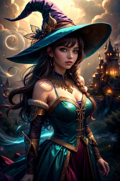 a woman in a witch hat and dress with a large hat