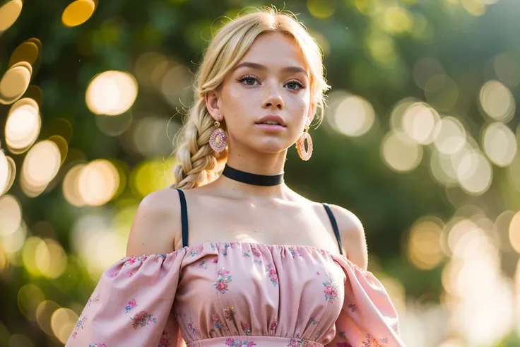 (masterpiece, best quality), 1girl, intricate details, print, earrings, freckles, upper body, bokeh, dappled sunlight, blonde, off shoulder, high-waist skirt, choker, looking at viewer, french braid, bangs, clothing cutout, glitter, particles, strap slip, ...