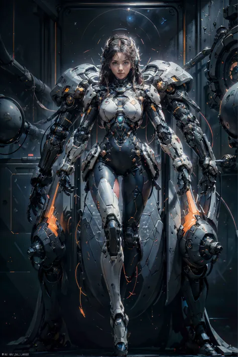 a woman in a futuristic suit standing in front of a machine