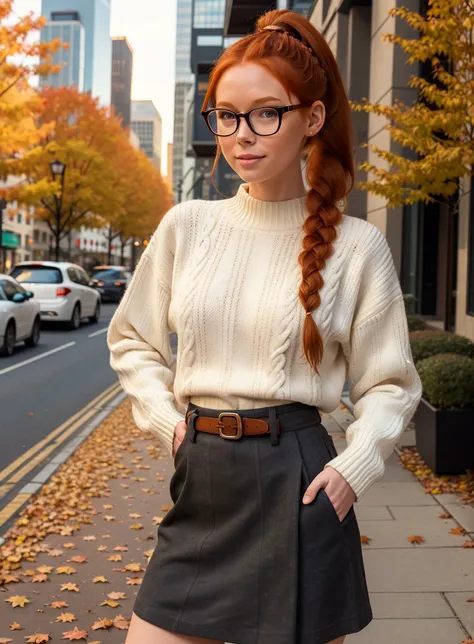 (medium shot:1.4), woman, long hair, (pale skin:1.1), (smirk:0.5), (white knit sweater:1.2), (black canvas skirt:1.3), pantyhose, glasses, eyeglasses, one hand on hip, hand on waist, (autumn, fall colors, leaves falling:1.25), (beautiful, gorgeous:1.2), (r...