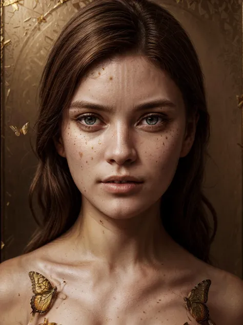 8k portrait of beautiful cyborg with brown hair, full body, realistic, intricate, elegant, highly detailed, majestic, digital photography, surreal painting gold butterfly filigree, detailed skin, skin blemish, broken glass, finely detailed beautiful eyes, ...