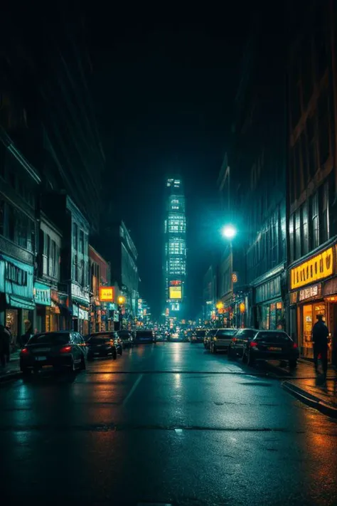 a view of a city street at night with cars parked on the side