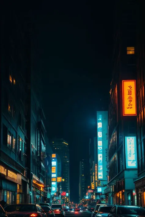 a view of a city street at night with neon signs