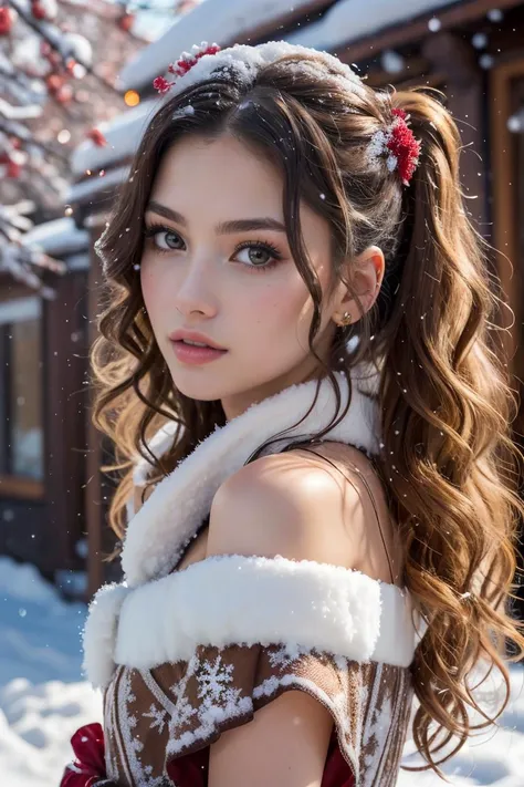 a woman in a red dress and white fur coat posing for a picture