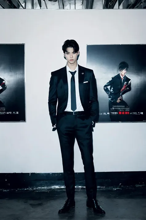 arafed man in a suit and tie standing in front of a wall with three movie posters