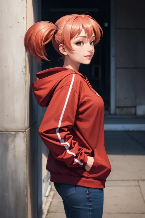 masterpiece, best quality,  <lora:sasakichiho-nvwls-v1-000009:0.9> sasaki chiho, short twintails, red hoodie, large breasts, hands in pockets, jeans, looking at viewer, from side, leaning against wall, city street, smile, waving