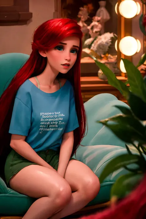 a close up of a woman with red hair sitting on a couch