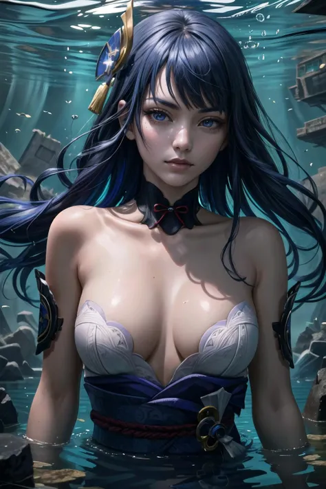 (1girl, 1person), (insanely detailed and intricate, hyperrealistic, photo), <lora:Other_MoreDetails:0.5>, A lost city of great wisdom and power, now drowned beneath the sea, dark fantasy, Demon, Raiden_Shogun_(genshin impact), Raiden_Shogun:1.2, blue hair,...