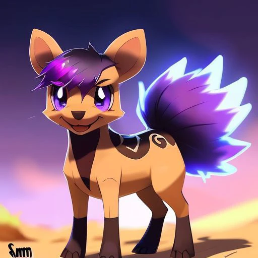 (samdoesarts style:1.3) a brave  french-rose (ground:1.2) pony Pokemon with han-purple hair, glowing eyes, ��Desert, highly detailed, intricate