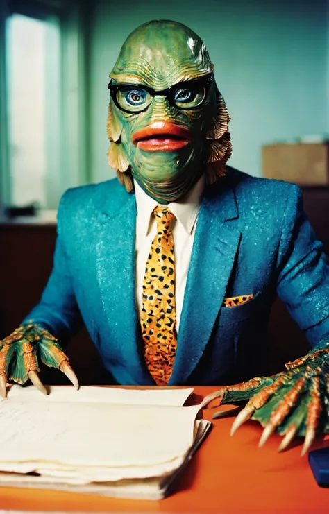 photography by ellen von unwerth, vibrant and colorful fashion editorial photoshoot, (Gill_man:1.4) sitting as his desk in an empty 1960s office, wearing a casual suit and glasses, cinematic lighting, highly detailed, 4k <lora:Gill-man_Retro_Swamp_Monster_...