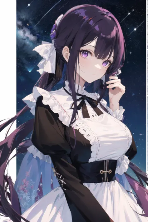 (masterpiece, best quality, novel illustration, novel cover:1.0), 1girl, mature female, tall female,  kafka_hi3, long hair, purple eyes, solo, huge breasts, black hair, dress, bangs,  long sleeves, purple hair, looking at viewer, ribbon, white dress, two-t...