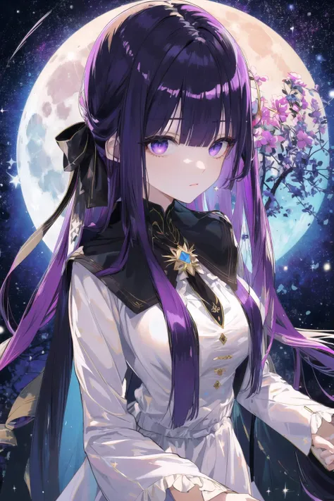 (masterpiece, best quality, novel illustration, novel cover:1.0), 1girl, mature female, tall female,  kafka_hi3, long hair, purple eyes, solo, huge breasts, black hair, dress, bangs,  long sleeves, purple hair, looking at viewer, ribbon, white dress, two-t...