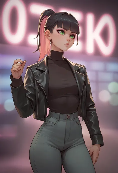 score_9, score_8_up, score_7_up BREAK solo, 1girl, cowboy shot, nightclub, neon lights, bokeh, depth of field, black hair, pink dyed hair, ponytail, bangs, green eyes, freckles, makeup, leather jacket, turtleneck, high waist pants