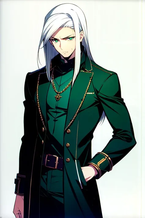 <lora:Takeshi Nakamura:0.8> black and green theme,, absurdres, ultra detailed, masterpiece, best quality, aesthetic, detailed,, solo, 1boy, teal eyes, <lora:Tsurime3:1>, (tsurime:1.2), parted bangs, white hair, medium hair, straight hair, shoulder-length h...