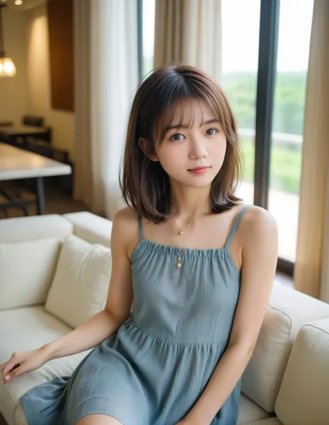 a close up of a woman sitting on a couch in a living room