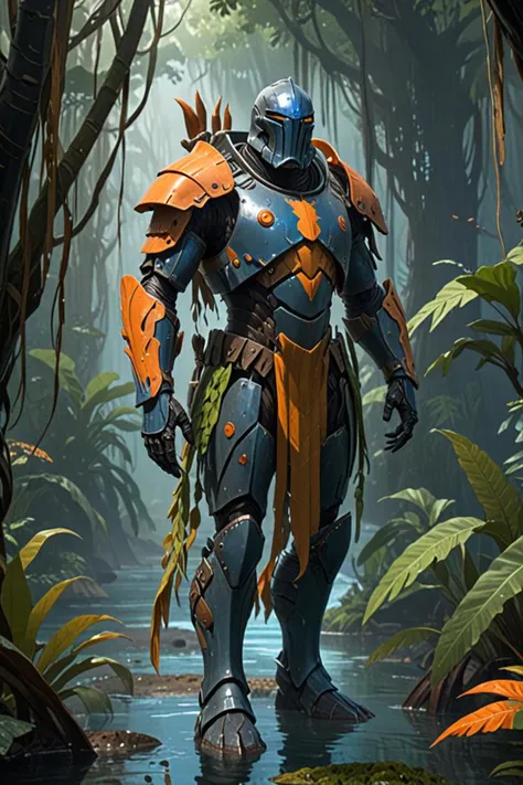 a tall kelp and heavily armoured in a in a jungle environment in the style of character reference sheet, some orange and blue, <lora:sdxl_lightning_8step_lora.safetensors:1.0>, <lora:add detail xl.safetensors:1.5>