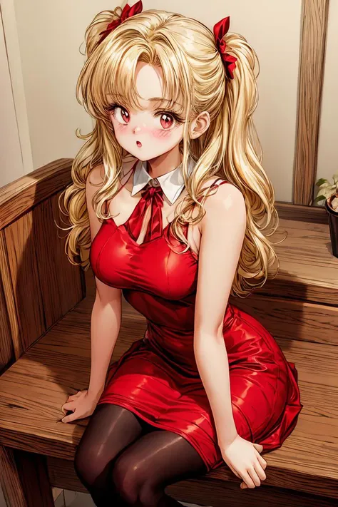 anime girl in red dress sitting on a bench with a mirror