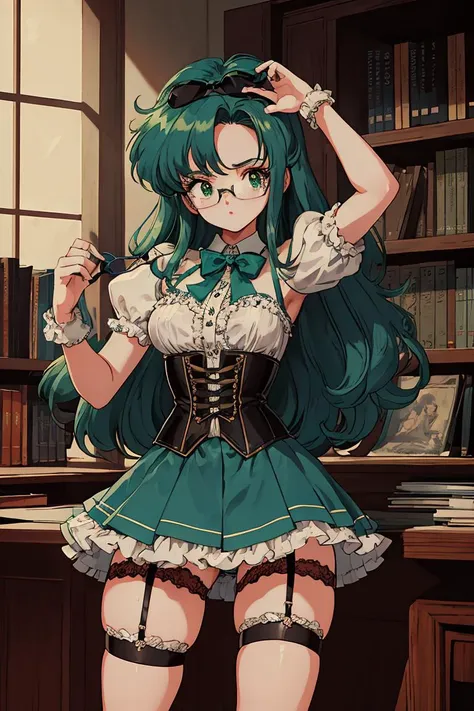 (masterpiece, best quality), 1girl, small breasts, small hips, green eyes, blue hair, black corset, lace skirt, garter belt, black legwear, old library, petite, glasses,