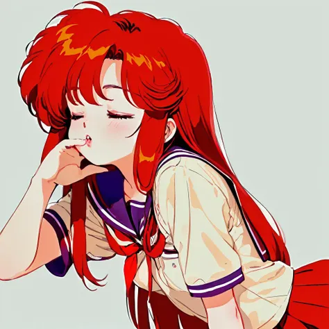 anime girl with red hair and a red dress leaning on her chin