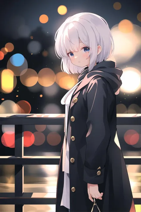 anime girl with white hair and black coat standing on a bridge