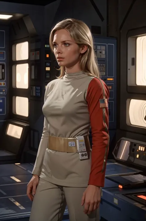 woman on moon base with messy blond hair in s1999unf uniform,red left sleeve<lora:S1999unf:0.7>,cowboy shoot,artifical lights,diffuse illumination