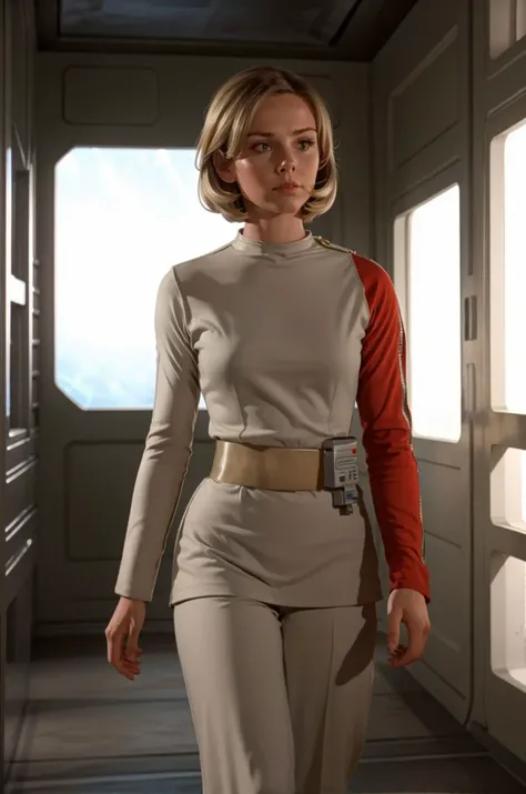 woman on Alpha base corridor, blonde hair in s1999unf uniform,red left sleeve<lora:S1999unf:0.7>,cowboy shoot,artifical lights,diffuse illumination