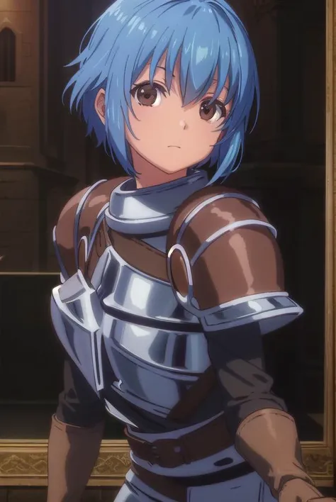 menadshisei, <lora:menad shisei-lora-nochekaiser:1>,
menad shisei, short hair, (brown eyes:1.5), blue hair,
BREAK gloves, armor, shoulder armor, brown gloves, pauldrons, breastplate,
BREAK indoors, castle,
BREAK looking at viewer, (cowboy shot:1.5),
BREAK ...