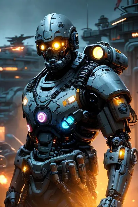 a close up of a robot with glowing eyes standing in front of a city