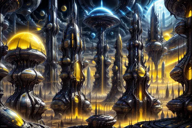 <lora:Xenomechanical World:1> xenomechanicalworld, scifi, futuristic, city with towers and buildings, yellow, <lora:more_details:1>