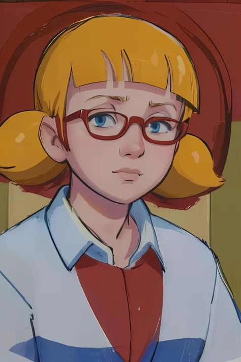 a close up of a cartoon girl with glasses and a red shirt