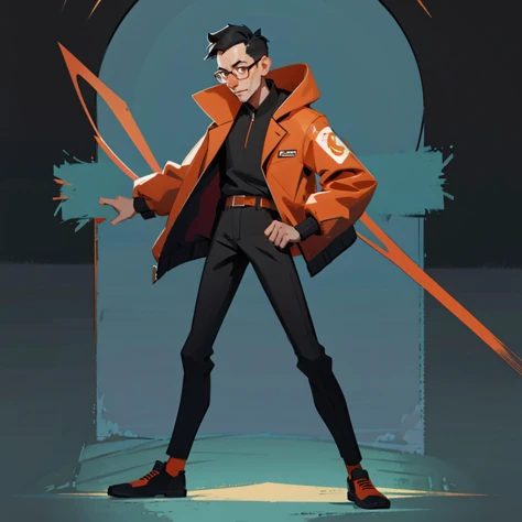 (A_Rostov_Style:0.7),illustration (full body shot:1.2) of adorable slim man posing, thin glasses, Asian appearance, wearing an orange jacket, black pants, flirty dynamic pose, rough brush strokes, soothing tones, calm colors, art by greg rutkowski and artg...