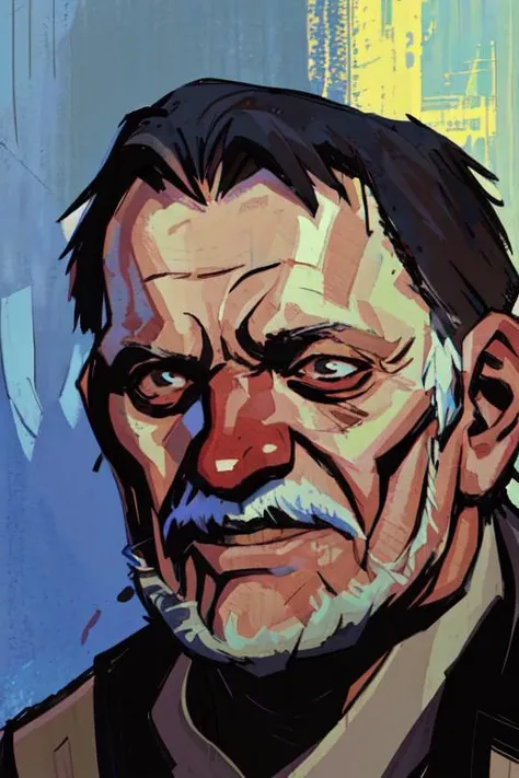 (A_Rostov_Style:0.8) <lora:DE_Alexander_Rostov:0.9>, illustration, (portrait:1.2), old man, alcoholic, swollen face, broken face, wooden houses , flirty dynamic pose, rough brush strokes, soothing tones, calm colors, art by greg rutkowski and artgerm, (int...