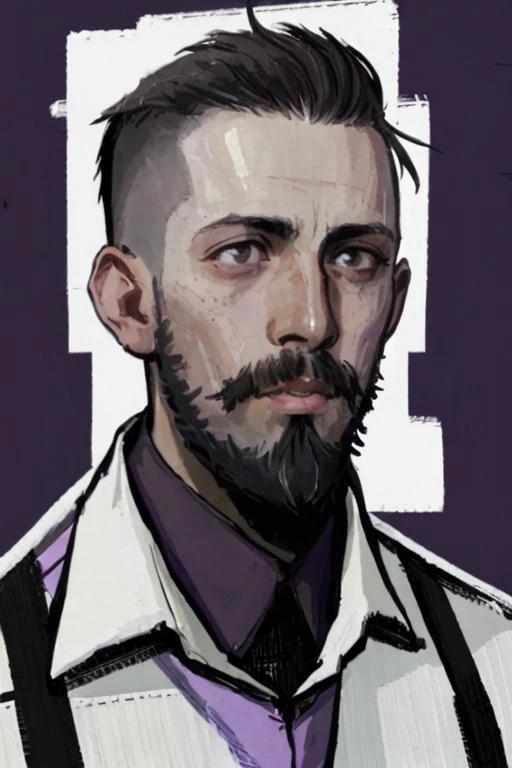 (A_Rostov_Style:0.8) <lora:DE_Alexander_Rostov:1>, illustration, portrait, man in purple shirt, black vest, round face, short black hair, flirty dynamic pose, rough brush strokes, soothing tones, calm colors, art by greg rutkowski and artgerm man with a li...