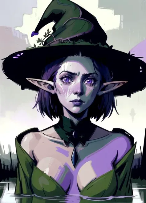 (A_Rostov_Style:0.7)  <lora:DE_Alexander_Rostov:0.7>, illustration,
young,1girl,portrait female elf witch in a decaying swamp,full body,disappointed look,heavy-hat,long-torn-clothes,seductive,purple green tones,unusual-angle, naked, art by greg rutkowski a...