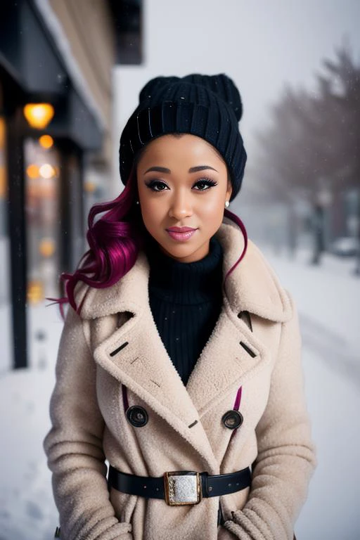 professional portrait photograph of a gorgeous  girl in winter clothing, skidi-6500,  sultry flirty look, (freckles), gorgeous symmetrical face, cute natural makeup, wearing elegant warm winter fashion clothing, ((standing outside in snowy city street)), s...