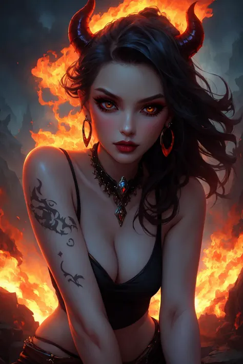 a woman with horns and a black bra top is sitting in front of a fire