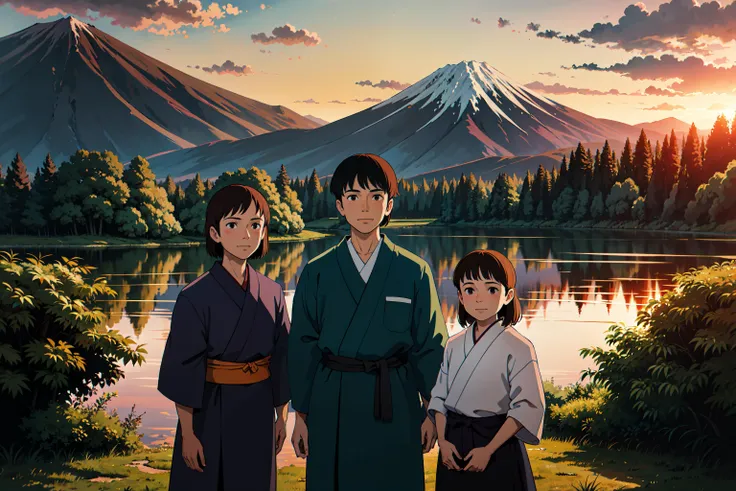 group shot, father, daughter, detailed background, best quality, absurdres, outside, cel shading, film grain,
looking at viewer, smirking, young girl, man, brown eyes,
traditional japanese house, bamboo, feudal japan, sunset, orange sky, clouds, trees, wee...