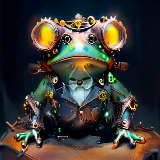 a close up of a frog with steam - powered glasses on its head