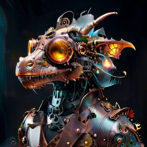 there is a dragon with a steampunk head and a large eye