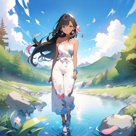 (((masterpiece)))(((anime style))), soft outdoor light, (beautiful detailed girl), 1girl ,solo, pokemon anime style, <lora:animetarotV51:1> tan skin, long thigh-length straight dark black hair styled straight with a small side braid, wearing a pink and blu...