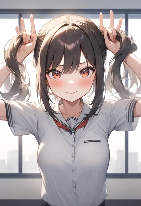 anime girl with ponytails and a tie holding up her hands