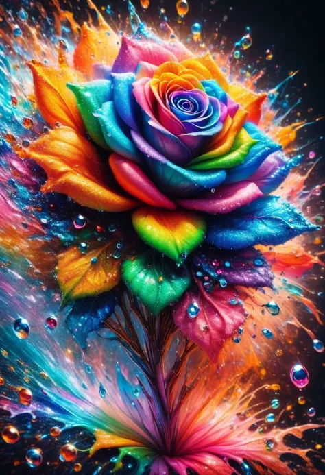 The appearance of colorful and colorful rose. The background shows rainbow-colored powder spreading like an explosion. Water droplets moistening the rose flower. It is so ridiculous that it is hard to distinguish the front, close-up photography, Ultra-deta...