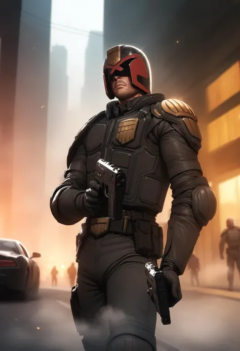 1boy, solo, <lora:Judge_Dredd_-_2012_SDXL:1> jdgdrdd, judge dredd, armor, badge, helmet, boots, gloves, covered eyes, holding gun, handgun, science fiction, cyberpunk, city, street, police, motor vehicle, building, skyscraper, fog, cinematic angle, depth o...