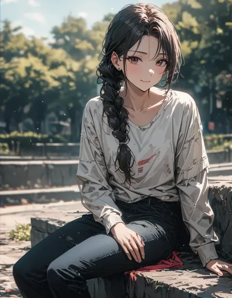 A slightly smiling young adult european woman with stubble hairstyle, a beautiful face, snub nose, B cup and a slim physique, dressed in a worn shirt, tattered trousers and worn low sneakers sits on a low wall at the edge of a park. (8k detailed masterpiec...